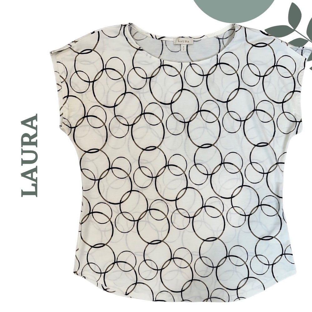 🛍️3/$40 Laura White and Black Circle Pattern Top Short Sleeve Stretch Size Small